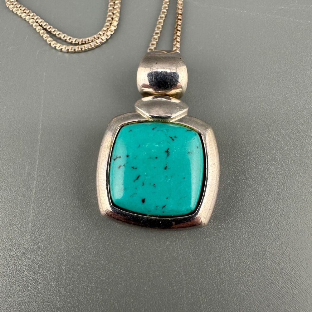 Vintage Sterling Silver  Square Pendant Necklace Aqua Color Dyed Howlite